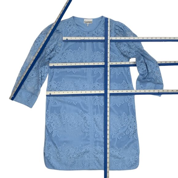 Ganni Lace Mini Dress 38 Placid Blue 3/4 Sleeve Zipper Front Shift MISSING BELT - Picture 6 of 12